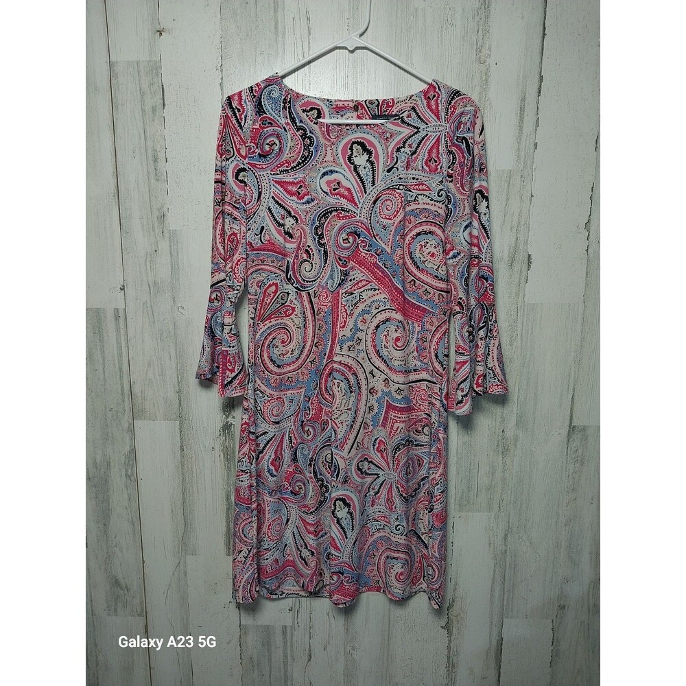 Ladies Tommy Hilfiger Boat Neck 3/4 Bell Sleeve Sheath Pink Paisley Dress 10